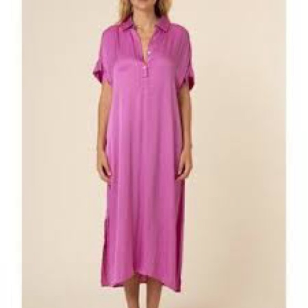 FRNCH Vibrant Pink Button-Up maxi shirt dress medium pool swim beach cover up
